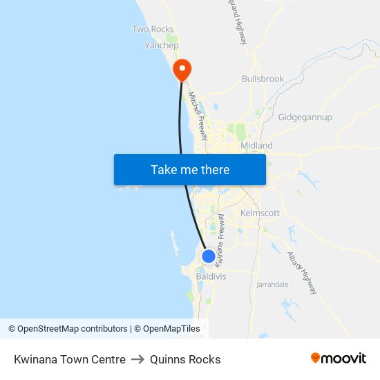 Kwinana Town Centre to Quinns Rocks map
