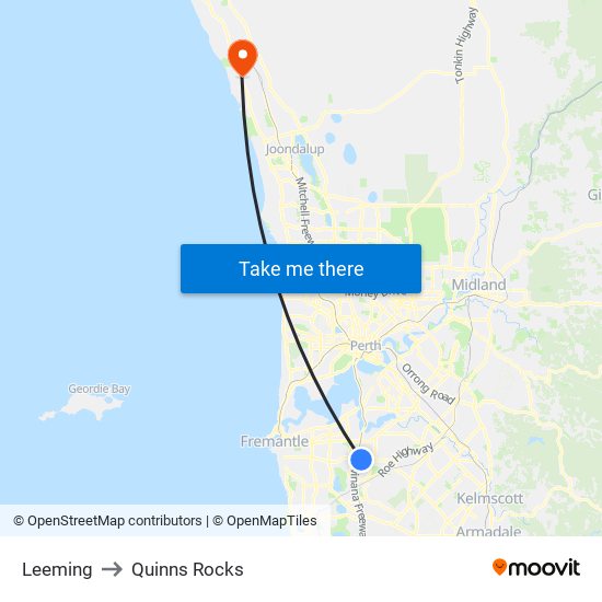 Leeming to Quinns Rocks map