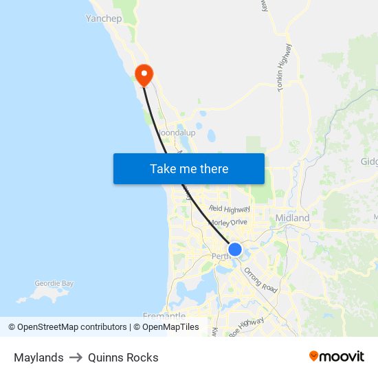 Maylands to Quinns Rocks map