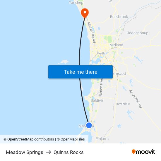 Meadow Springs to Quinns Rocks map