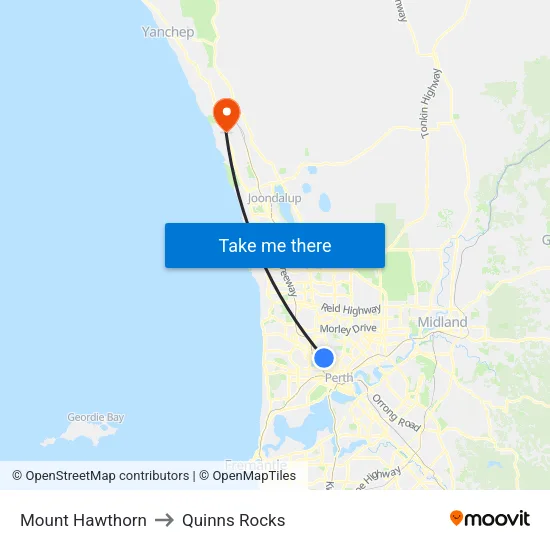Mount Hawthorn to Quinns Rocks map