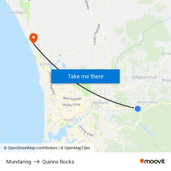 Mundaring to Quinns Rocks map