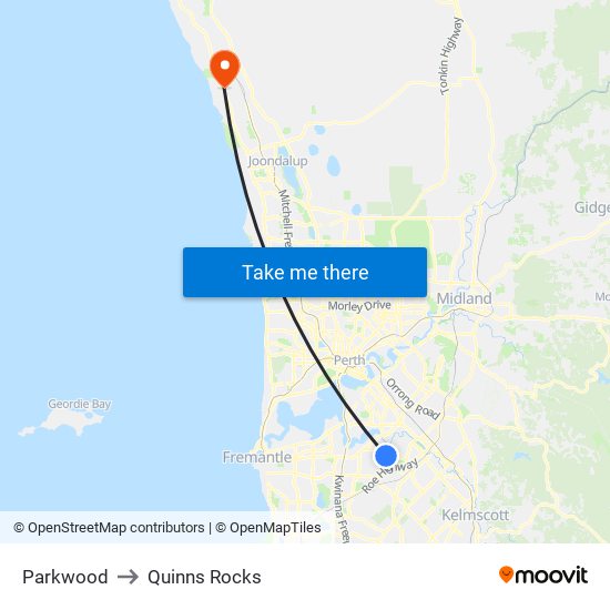 Parkwood to Quinns Rocks map