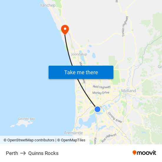 Perth to Quinns Rocks map