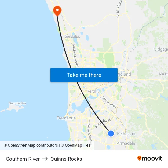 Southern River to Quinns Rocks map