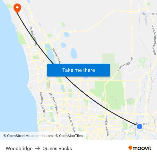 Woodbridge to Quinns Rocks map