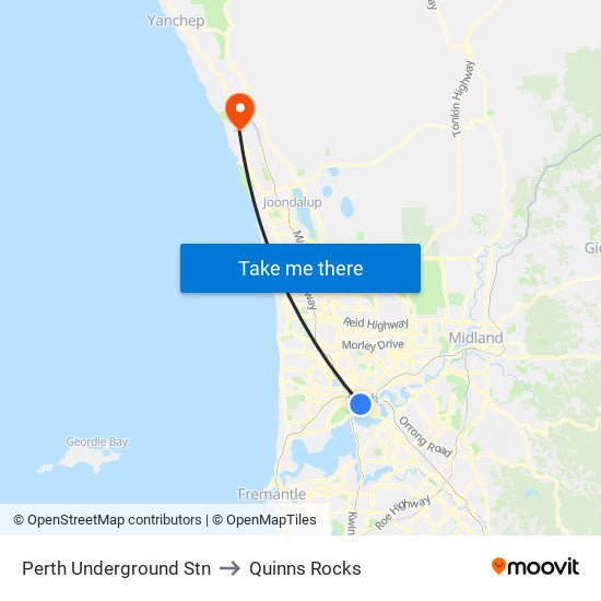 Perth Underground Stn to Quinns Rocks map