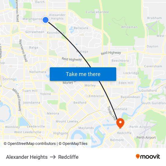 Alexander Heights to Redcliffe map