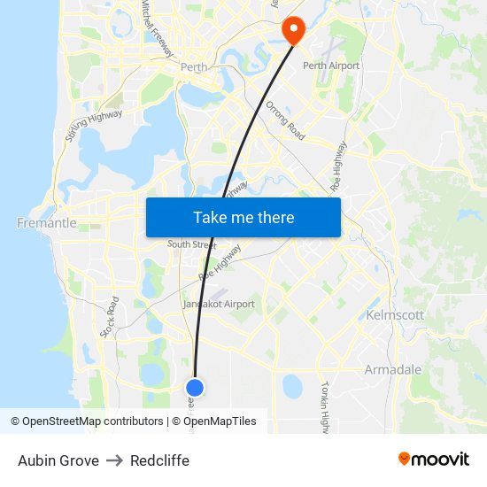 Aubin Grove to Redcliffe map