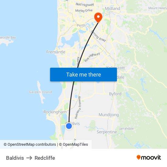 Baldivis to Redcliffe map