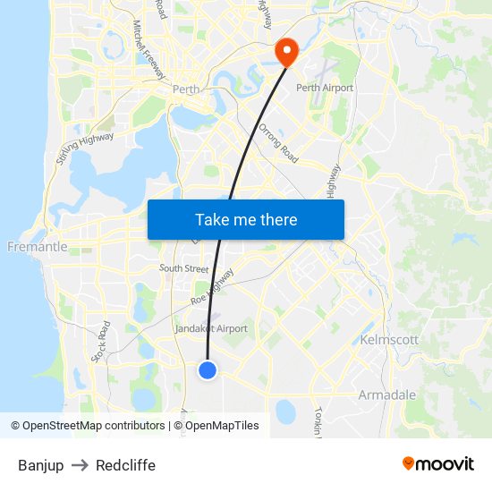 Banjup to Redcliffe map