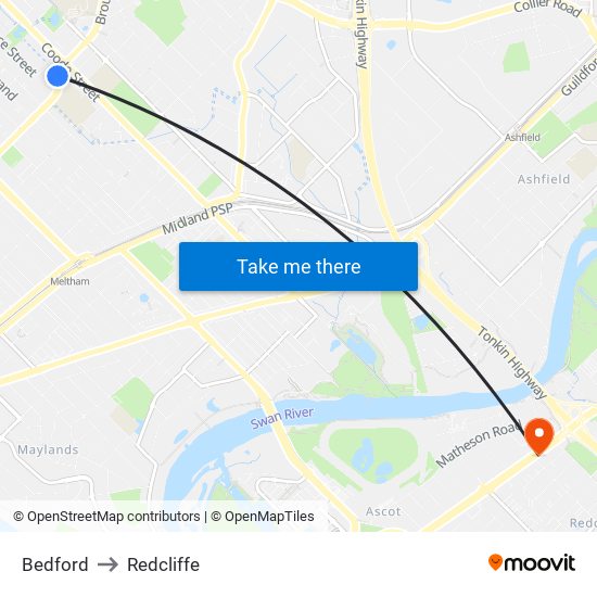 Bedford to Redcliffe map