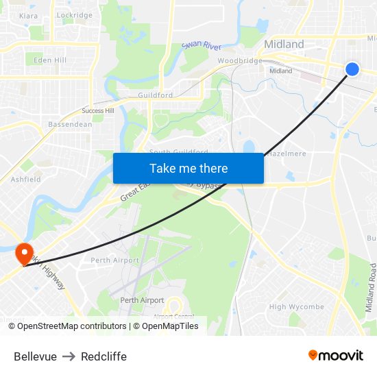 Bellevue to Redcliffe map