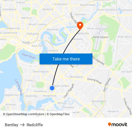 Bentley to Redcliffe map