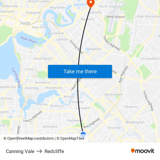 Canning Vale to Redcliffe map