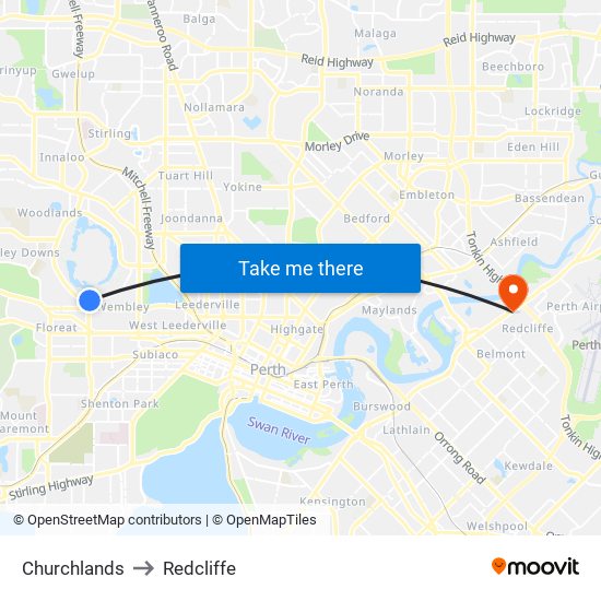 Churchlands to Redcliffe map