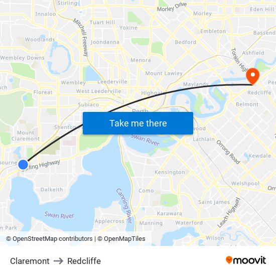 Claremont to Redcliffe map