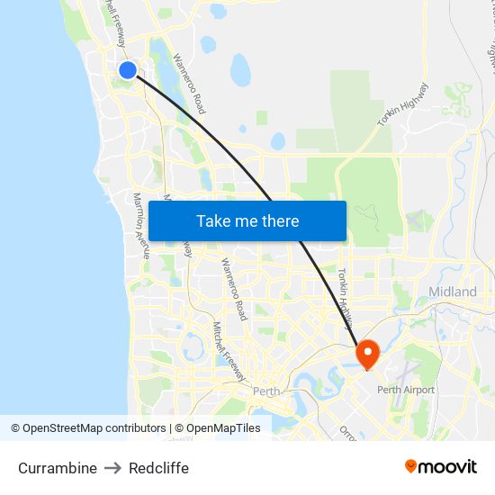 Currambine to Redcliffe map