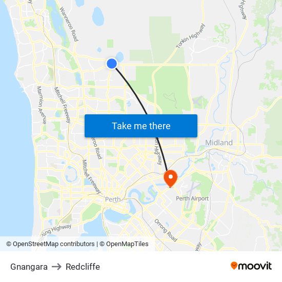 Gnangara to Redcliffe map