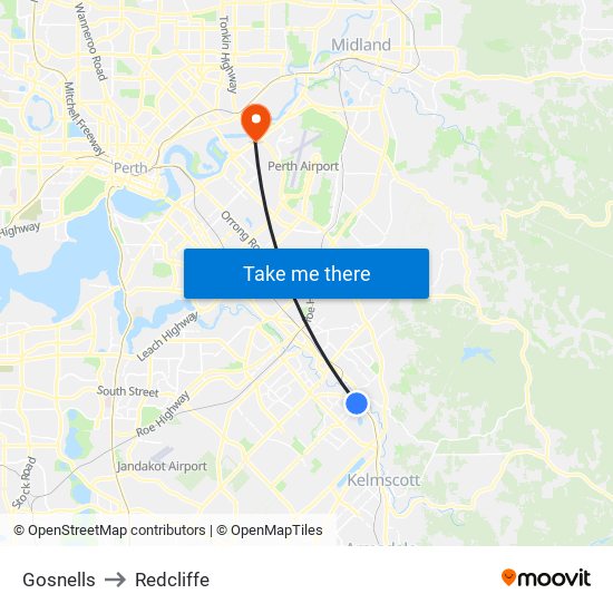 Gosnells to Redcliffe map