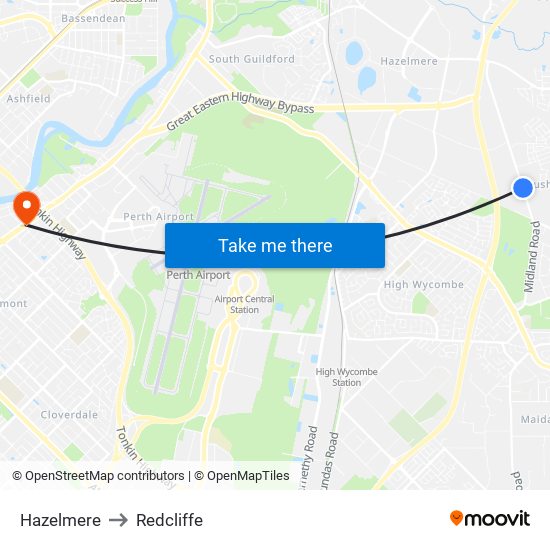 Hazelmere to Redcliffe map