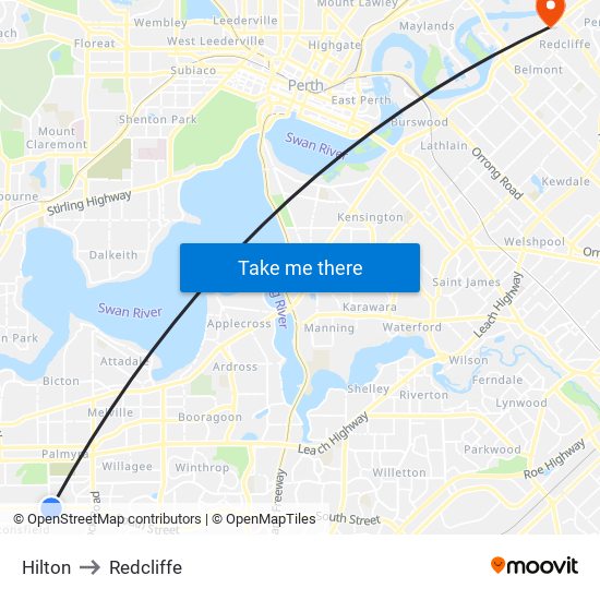 Hilton to Redcliffe map