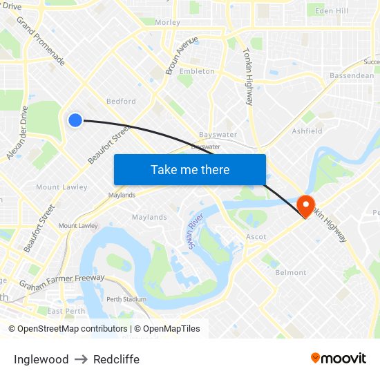 Inglewood to Redcliffe map