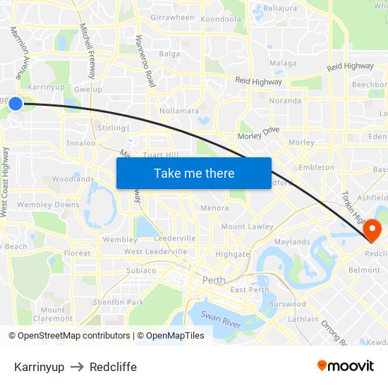 Karrinyup to Redcliffe map