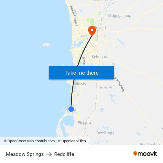 Meadow Springs to Redcliffe map