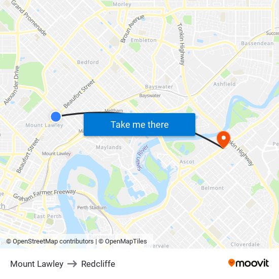 Mount Lawley to Redcliffe map