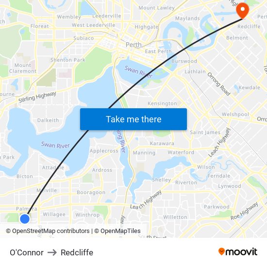 O'Connor to Redcliffe map