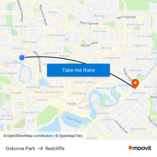 Osborne Park to Redcliffe map