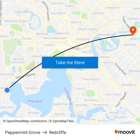 Peppermint Grove to Redcliffe map