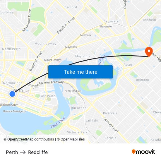 Perth to Redcliffe map