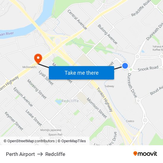 Perth Airport to Redcliffe map