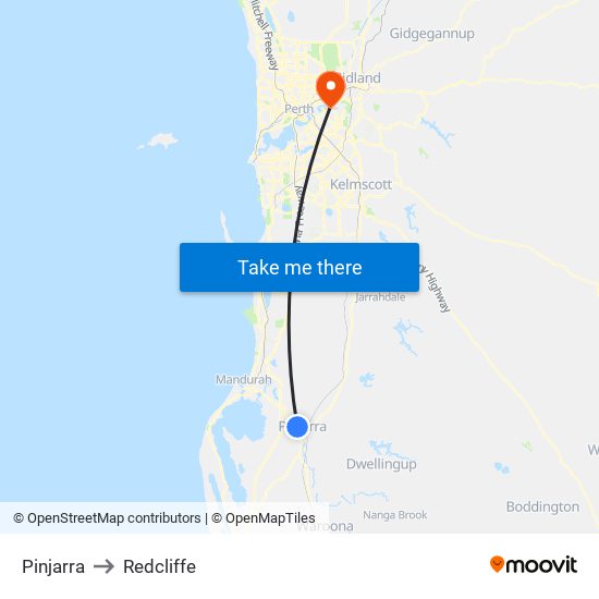 Pinjarra to Redcliffe map