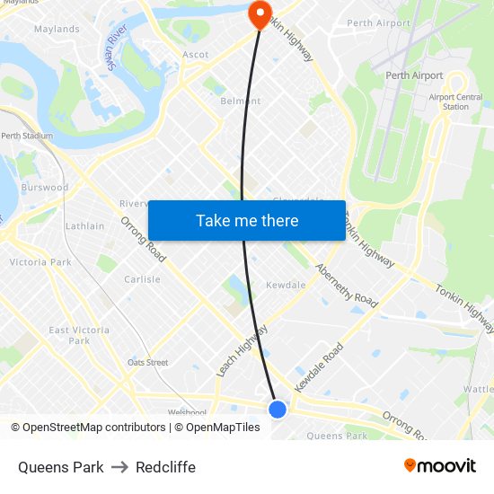 Queens Park to Redcliffe map