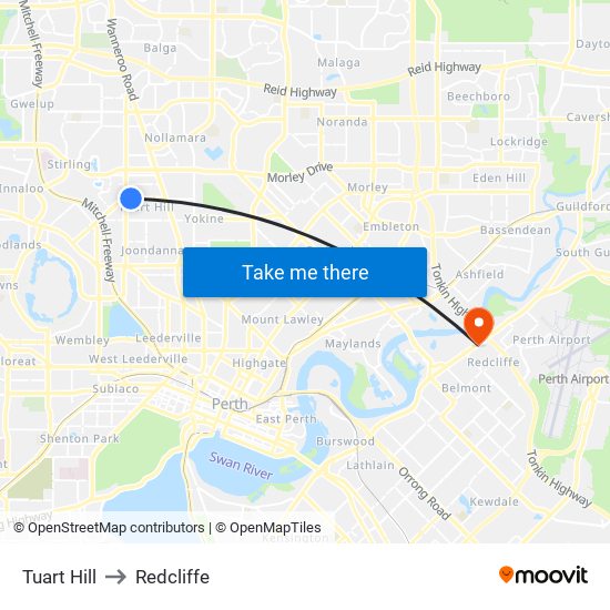 Tuart Hill to Redcliffe map