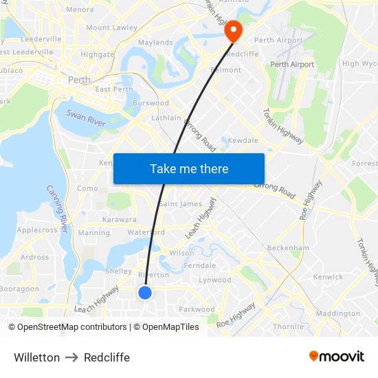 Willetton to Redcliffe map