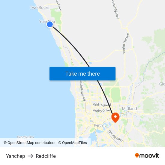 Yanchep to Redcliffe map