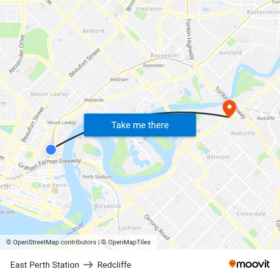 East Perth Station to Redcliffe map