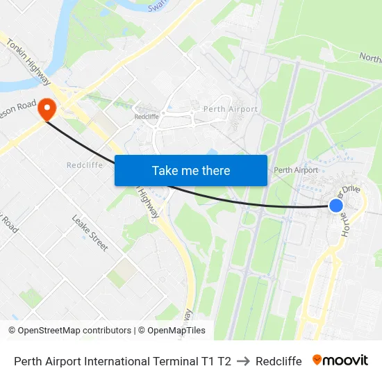 Perth Airport International Terminal T1 T2 to Redcliffe map
