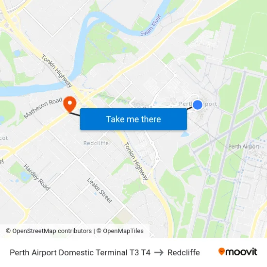 Perth Airport Domestic Terminal T3 T4 to Redcliffe map