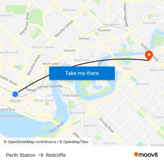 Perth Station to Redcliffe map