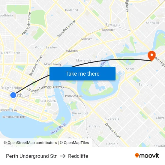 Perth Underground Stn to Redcliffe map