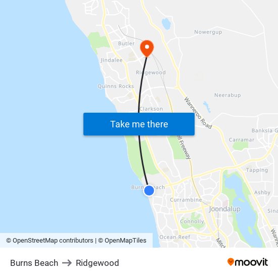 Burns Beach to Ridgewood map