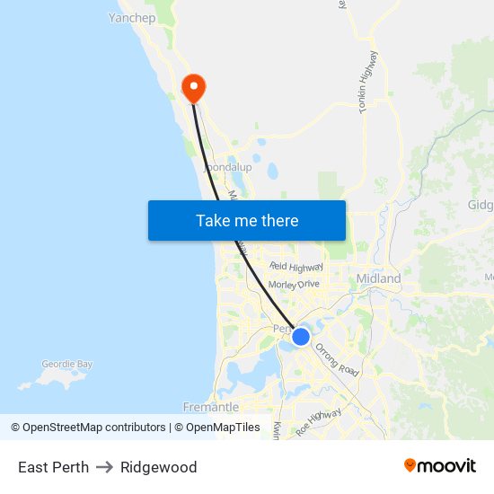 East Perth to Ridgewood map