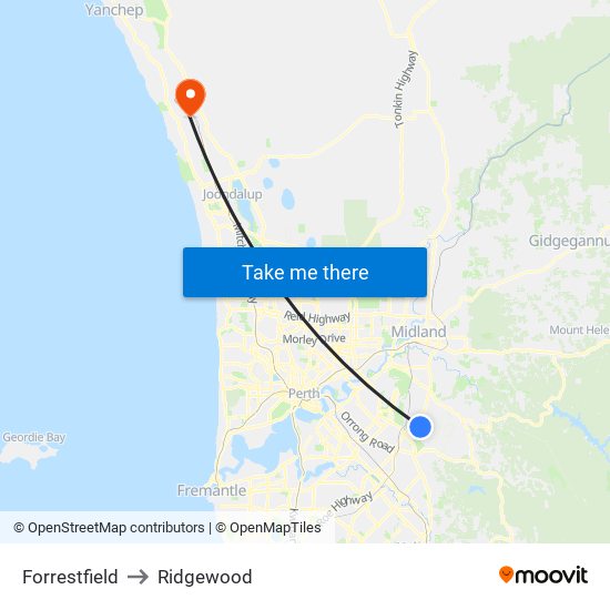 Forrestfield to Ridgewood map