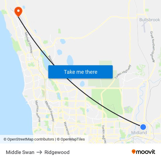 Middle Swan to Ridgewood map