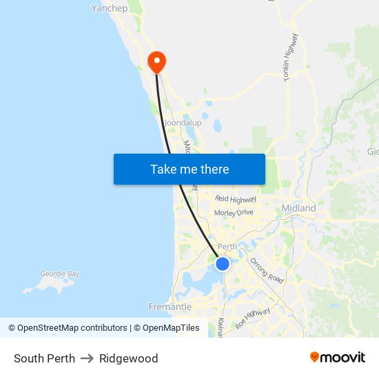 South Perth to Ridgewood map
